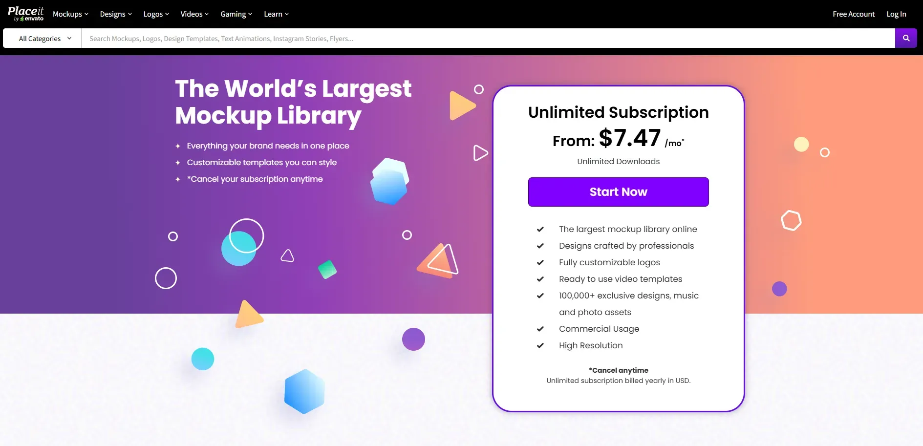 Placeit pricing page highlighting unlimited subscription from $7.47 per month with mockup library features.